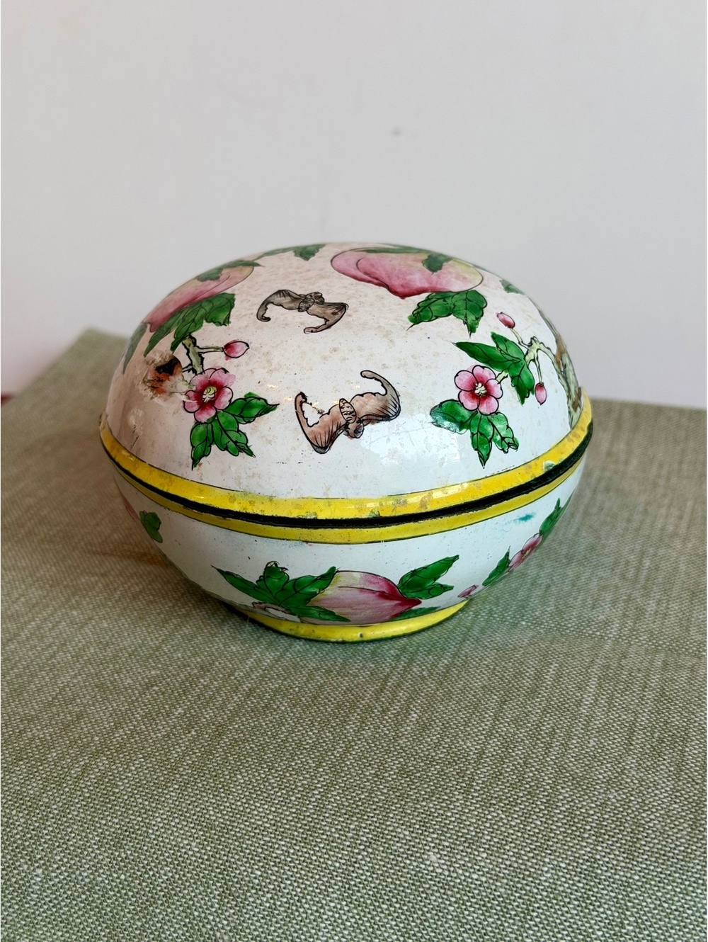 Antique Chinese Canton Enamel on Copper Lidded Box Peaches Bats Hand Painted